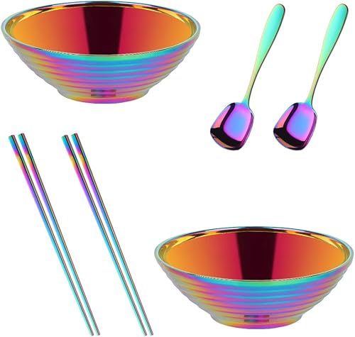 Juego de tazones de sopa de fideos japoneses para ramen, 2 juegos (8 pulgadas) Rainbow de doble capa de acero inoxidable 188 con palillos y cucharas