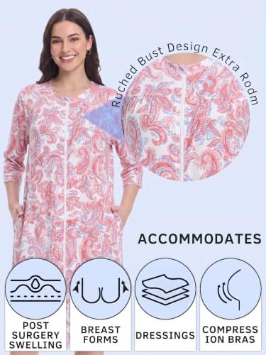 Image of Women's Post Surgery Robe with Drain Pockets Mastectomy Recovery Robe Front Zipper Hospital Gown Pajamas Gift