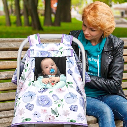 Image of Baby Carseat Seat Cover Girls, Winter Carseat Canopy, Cozy & Warm Cover with Zipper Peep Windows, Infant Minky Carrier Cover, Soft Breathable, Baby Must Have, Purple Romantic