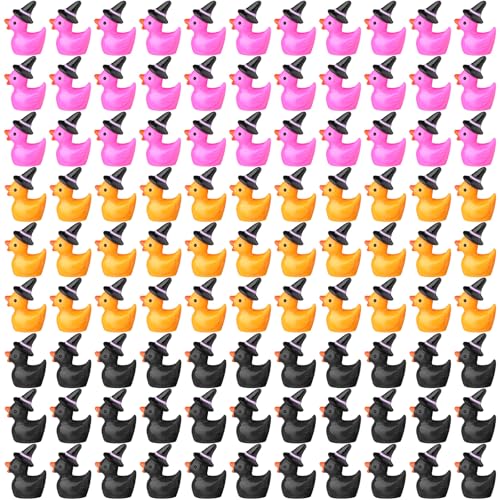Simgoing 100 Pcs Mini Resin Duck with Hat Halloween Tiny Duck Figurines Resin Ducks Bulk Multicolor Mini Ducks Miniature for Garden Landscape Dollhouse Ornament for Party Favors(Vivid Color)