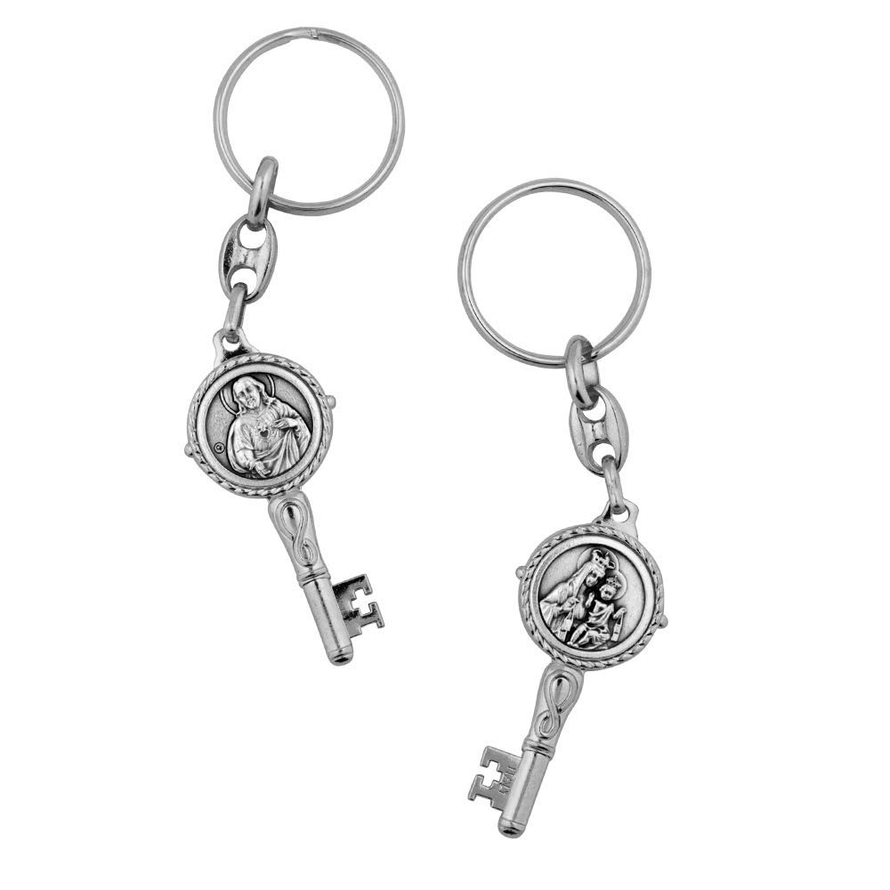 VILLAGE GIFT IMPORTERS Holy Saints Key-Shaped Keychains | Gold or Silver Tone Metal | Handcrafted in Italy | Christian Automotive (Scapular, Silver)