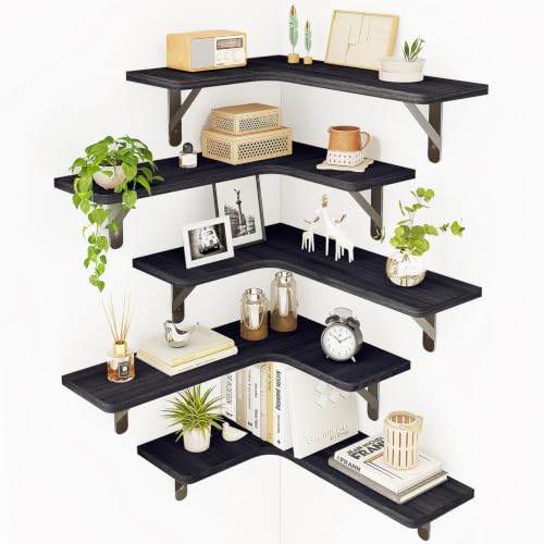 Fixwal Conner Shelves Wall Mounted for Decor, Black Set of 5 | Solid wood shelf with metal brackets, holds 40 lbs. Optimizes corner storage. Fits bathroom, kitchen, bedroom & living room.