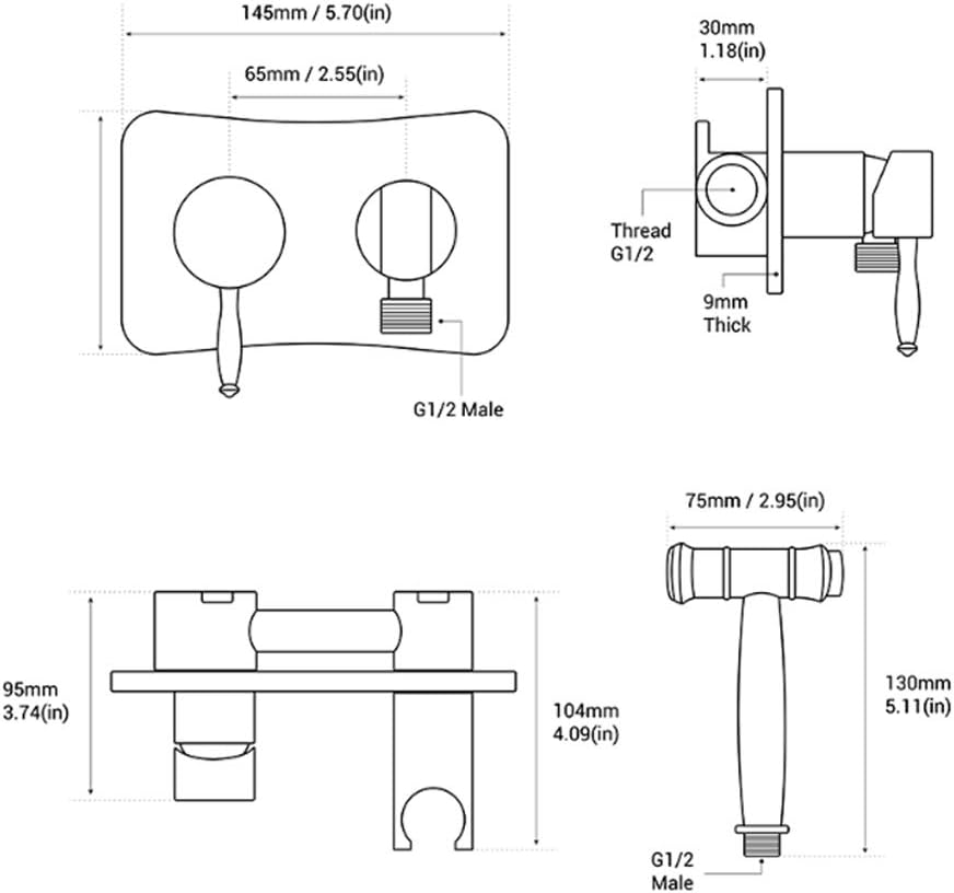 Bidet Sprayer for Toilet Dual Function Cloth Diaper Washer Set Brass Wall Mounted Hand Held Bidet Spray Kit with Shower Hose, Cold and Hot Water for Personal Hygiene,Brus-Black-A