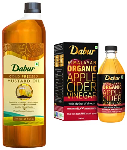 Image of Dabur Himalayan Organic Apple Cider Vinegar with Mother of Vinegar - 500 ml & Cold Pressed Mustard Oil 1L