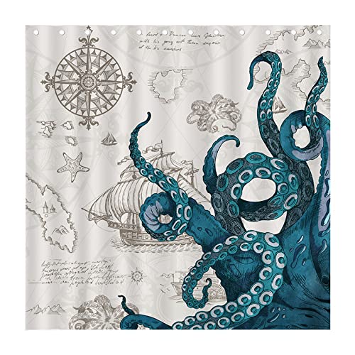 Leitingya Nautical Octopus Shower Curtain, Ocean Beach Blue Shower Curtain, Funny Pirate Sailboat Map Kraken Bathroom Decor, Waterproof Washable Shower Curtains Set With 12 Hooks 72 X 72 Inches #TOP20