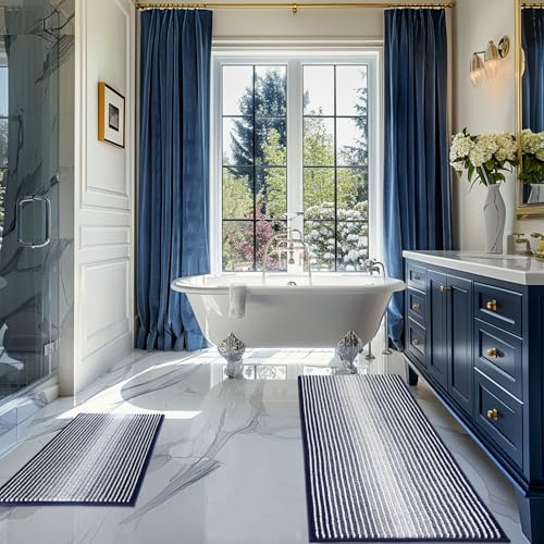 BSICPRO Bathroom Rugs and Mats Sets, 2 Piece Thick Absorbent Chenille Bath Mat Rug Set Non Slip, Soft Shaggy Bath Room Floor Mats for Bathroom, Machine Washable (Navy, 20" x 47" Plus 20" x 32")
