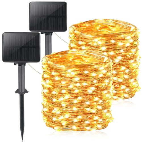 PORFOYO Lot De 2 Guirlande Solaire Exterieur 20M 200 LED Guirlande Lumineuse Solaire D'extérieur Solaire Guirlande De Lumière Solaire En Sisal Étanche Led Lumineuse Pour Jardin, Balcon, Terrasse