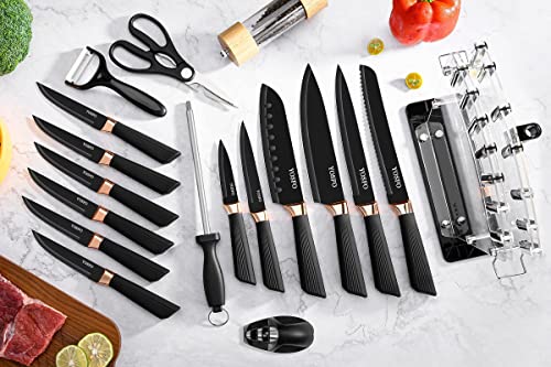 Knives Set With Acrylic Stand, 17Pcs Stainless Steel Knife Block Set Includes Serrated Steak Knives Set, Chef Santoku Knives, Scissor, Sharpener And Knife Holder (Black Knife Set With Block) #TOP2