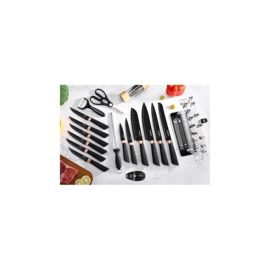 Kitchen-Knife-Set-with-Block-Knives-Set-with-Acrylic-Stand-17Pcs-Stainless-Steel-Knife-Block-Set-includes-Serrated-Steak-Knives-Set-Chef-Santoku-Knives-Scissor-Sharpener-and-Knife-Holder Knives Set with Acrylic Stand, 17Pcs Stainless Steel Knife Block Set includes Serrated Steak Knives Set, Chef Santoku Knives, Scissor, Sharpener and Knife Holder (Black Knife Set with Block)