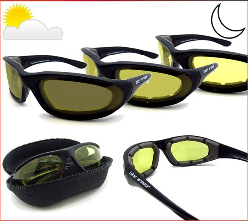 Bikershades Light Adjusting Motorcycle Glasses Foam Padded for Men and Women with Safety Polycarbonate Photochromic Lenses. Free Hard Case. Anaconda/TR/YE/HC