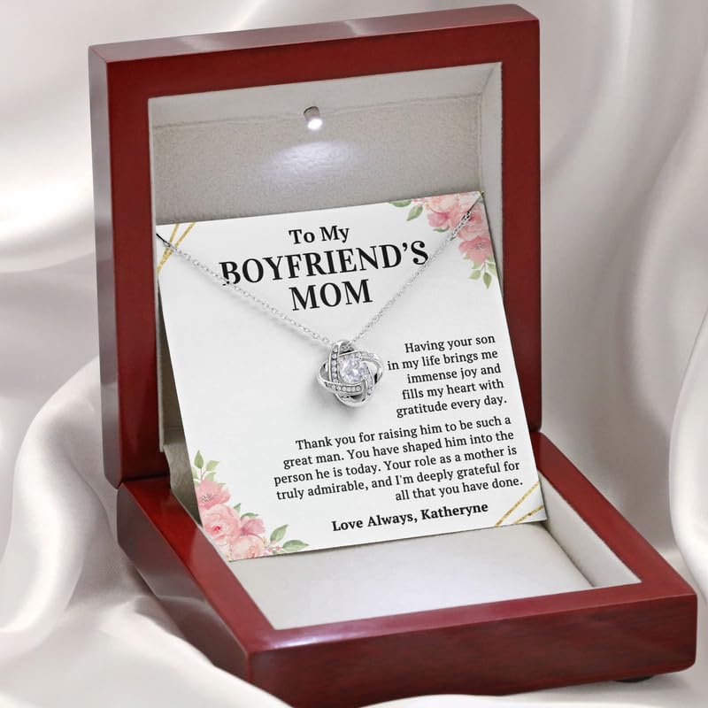 Boyfriend's Mom Necklace Message Card Box Love Knot Mahogany - Fills My Heart With Gratitude - Meaningful Birthday for Soon to be Mother In Law