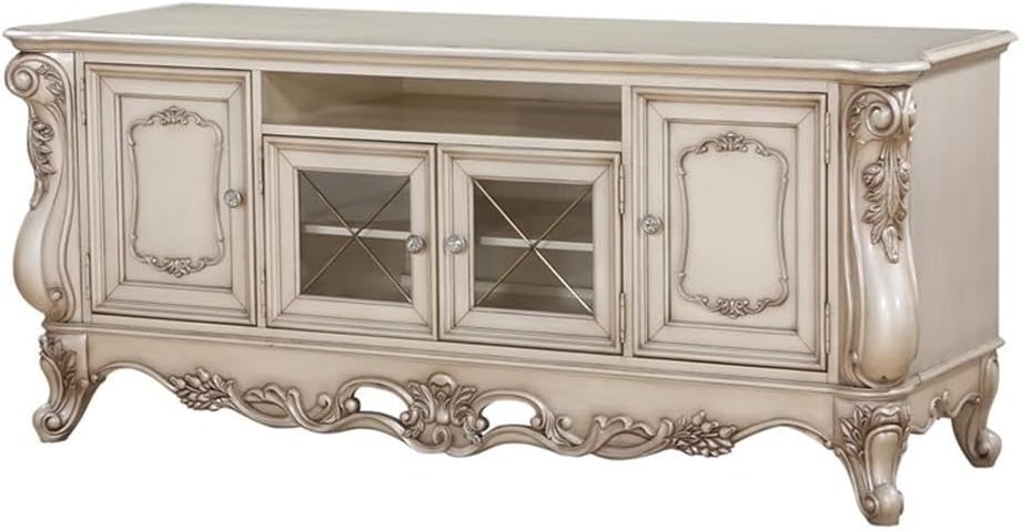 Acme Gorsedd Wooden 4-Door TV Stand with Compartment in Golden Ivory
