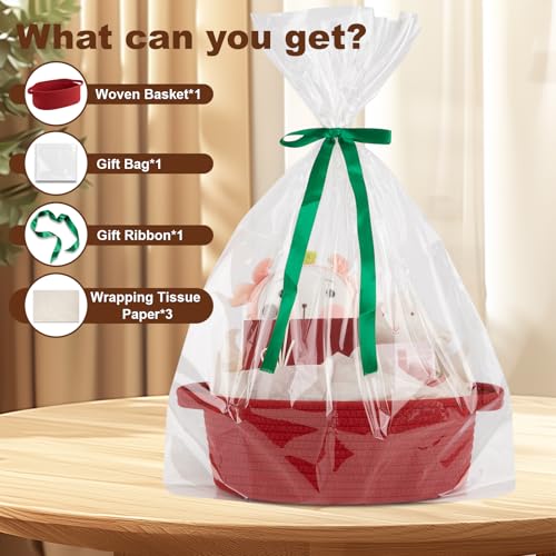 Image of OIAHOMY Gift Basket with Handle, Small Woven Basket with Gift Bag, Ribbon and Wrap Tissue Paper, Nursery Bins Empty to Fill with Small Items, Baby, Pet Toy Organizer - Red