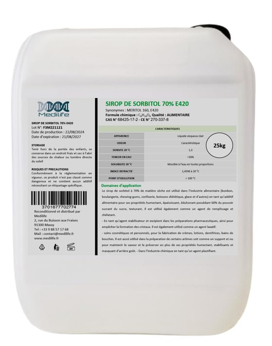 Sorbitol E420 25kg édulcorant alimentaire pour professionnels et laboratoires