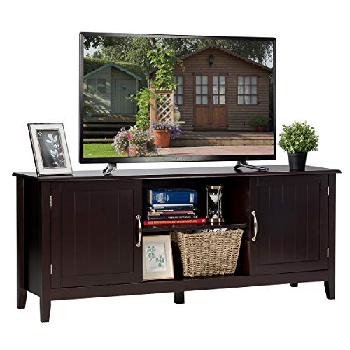 Tangkula Farmhouse Wood Barn Door TV Stand for TV s up to 65  Flat Screen, Living Room Media Console Storage Cabinet with Doors and Shelves, TV Console Table Cabinet (Brown)