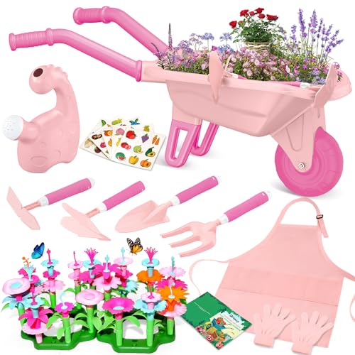 Qtioucp 16Pcs Kids Gardening Tools Outdoor Toys Set Backyard Play with 93 PCS DIY Flower Garden Building Preschool Activities (Pink)