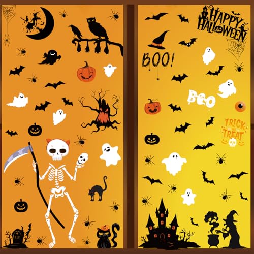 WREWING Calcomanías estáticas para ventana de Halloween, 90 unidades, decoración de fantasma de esqueleto, para interiores y exteriores, puerta de cristal, fiesta espeluznante, fácil de aplicar