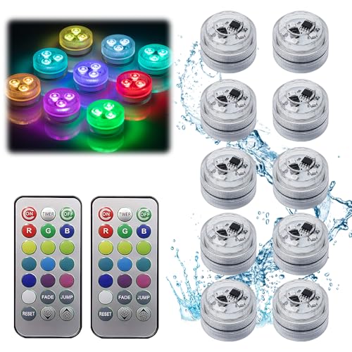Afenau Mini Unterwasser Licht, 10 Stück LED Teelichter Bunt mit 2 Fernbedienung, 13 Farben RGB Mini Unterwasser Led Licht für Vase Base Aquarium...