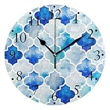 Horloges murales quadrilobe marocain Bleu Aquarelle Transparente à Piles Horloge Murale décorative à la Maison Ronde 10 Pouces Cuisine Chambre Salon Salle de Classe Horloge de Bureau