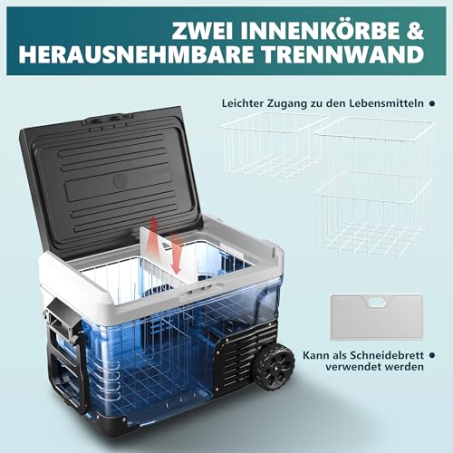 EUHOMY 35L Kompressor Kühlbox, Auto-Kühlschrank mit APP, Tragbarer Gefrierschrank 12V/24V & 220-240V, Kühlschrank -20℃~20℃, Kühlbox mit Rollen & 2 Körben für Reisen, Camping