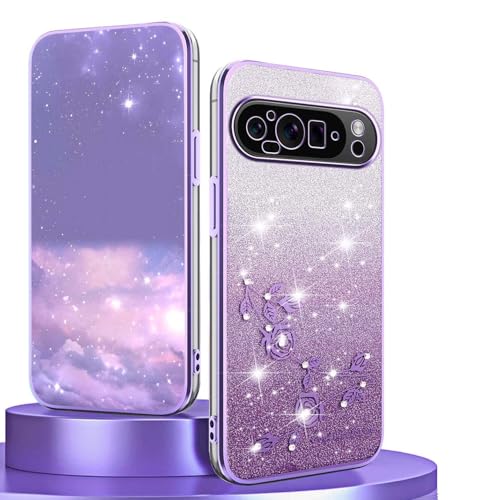 Étui antichoc Google Pixel 9 Pro avec fente carte et protection fleurs diamant