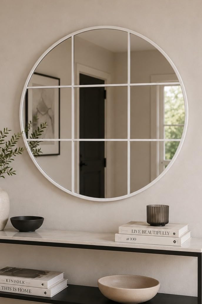 MirrorOutlet The Circulus - Solid White Metal Framed Window Modern Round Circular Wall Mirror 39" X 39" (100CM X 100CM) Silver Mirror Glass with Black All weather Backing.
