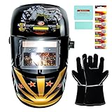 TRQWH Welding Helmet Auto Darkening Welding Hood 1/1/1/2 Top Optical Clarity Wide Shade 9-13 Welder Helmet with Light True Color Welding Mask with Welding Gloves (KTS-HD103)