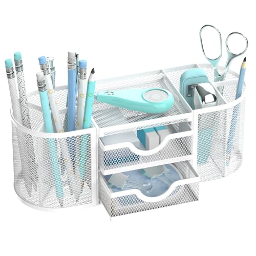 SUPEASY Mesh Desk Organizer, Desk Organizers and Accessories, Pen Holder with Drawers, Pencil Holder for Desk with 2 Drawer for Office Supplies, White