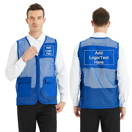 TopTie Custom Unisex Mesh Volunteer Vest Add Text Logo on Activity Team or Supermarket with Zipper & Pocket-Blue-L