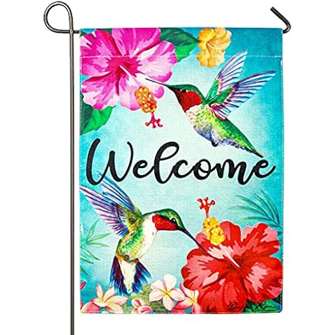 Garden Flag Hummingbirds with Hibiscus Summer Tropical Leaves and Flowers Outdoor Yard Flags for Garden Decor Double Sided 12.5X18 Inch Cover