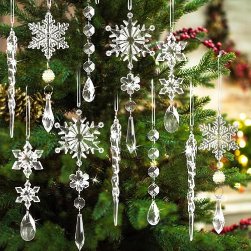 18pcs Christmas Ornaments Set for Tree Decorations- Hanging Acrylic Crystal Snowflake Icicle Drop Decorations for Winter X'mas Tree New Year Party Supplies (White)
