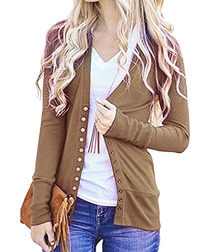 Women's V-Neck Solid Button Down Knitwear Soft Basic Long Sleeve Knit Snap Cardigan Sweater Brown M