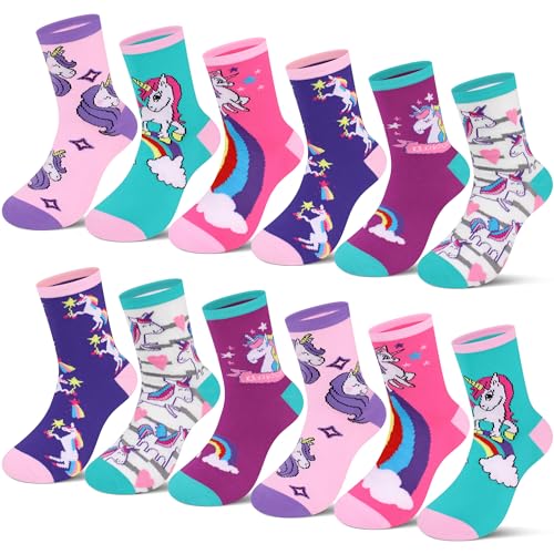 L&K-II 12 pares de Calcetines de Algodón para niña Diseño de Unicornio Calcetines Deportivos para niños Multicolor Otoño Invierno 2883 Talla 27-30