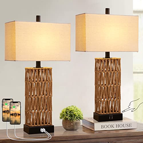Rattan Table Lamps For Bedroom Set Of 2, 3 Way Dimmable Touch Bedside Lamp With 2 Usb Ports, Modern Coastal Rectangular Wicker Desk Lamps For Nightstand Living Room End Table, Bulbs Included (Natural) #TOP6