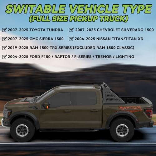 Image of Adjustable Roll Bar Full Size Compatible with Truck F-Series /F150 /Ranger /Tremor /Lighting, Ram 1500 TRX Series, Silverado 1500, Gmc Sierra 1500, Tundra,Titan Xd | No Drilling Installation