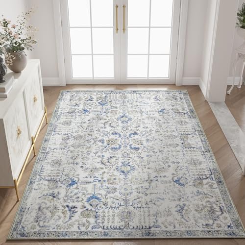 jinchan Distressed Vintage Medallion Area Rug, 4x6 Blue, Washable Non Slip