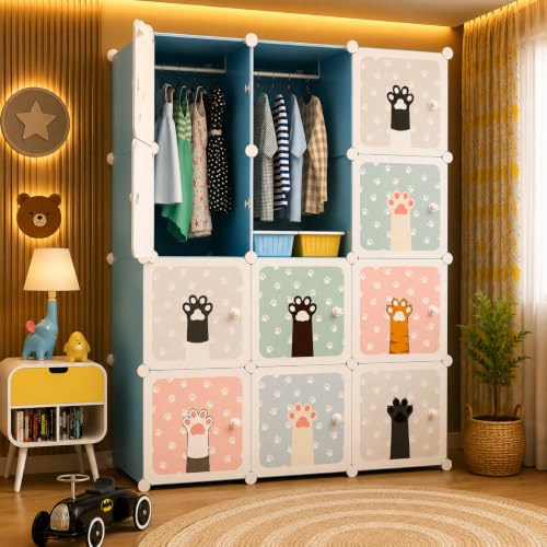 Image of 12 Door Plastic Wardrobe for Kids - Cupboard for Clothes Storage Rack, Almirah for Clothes, Baby Collapsible Wardrobe, Multi-Purpose Kids Storage Organizer for Books,Toy (Blue-KTN2, 12-Door)