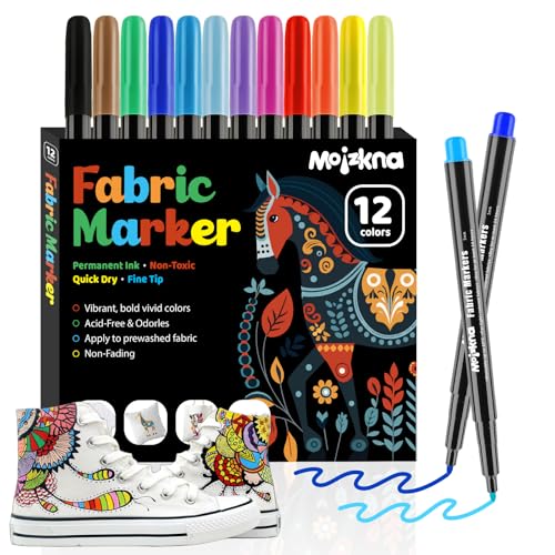 Textilstifte Waschmaschinenfest 12 Textilfarbe waschmaschinenfest Waschfeste und Permanente Stoff Marker für T-Shirt Stoffbeutel Schuhe Eingebautes Pal Für Kinder und Erwachsene