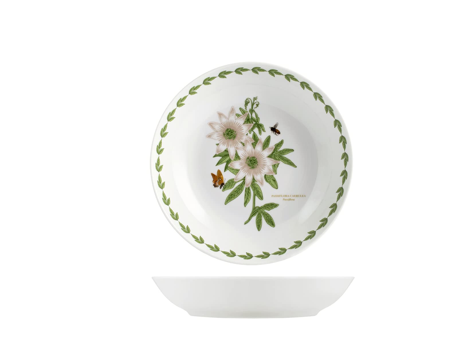 H&H Set di 6 Piatti Fondi in Porcellana, 20 cm, Bordo Decorato in Verde con Illustrazioni Botaniche Assortite, Lavabili in Lavastoviglie e Adatti al Microonde