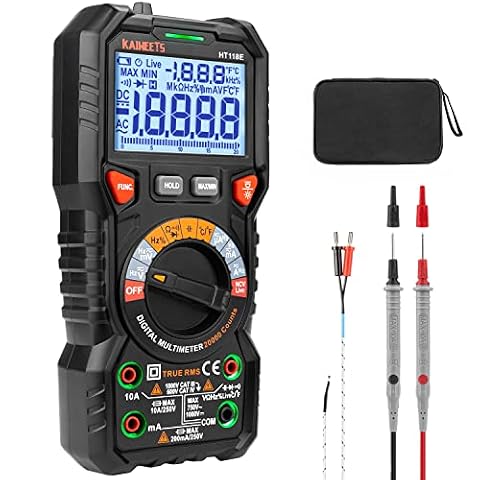 Cyfrowy multimetr z gniazdami LED, miernik prądu KAIWEETS HT118E, True RMS Auto-Range 20000 Count, mierzy napięcie, pojemność, temperaturę, rezystancję dla elektryków