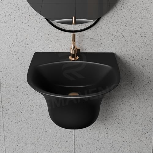 Image of REMANENCE Luxury Wall Mount Half Pedestal Wash Basin for Bathroom | Designer Wall Hung Basin | Wall Mounted Washbasin for Resturent, Hotels (16 x 16 x 11 Inch) (Matte Black)