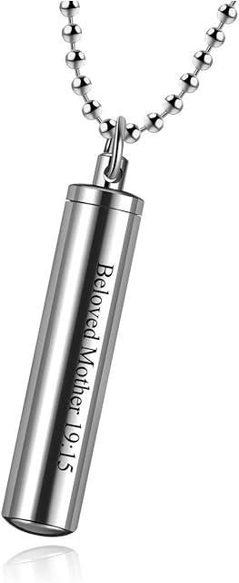 Zysta Personalised Sealed Cylinder Tube Locket Cremation Urn Necklace for Ashes Customised Engraving Capsule Tube Via Pendant Ash Urns Keepsake Jewellery Memorial Necklaces