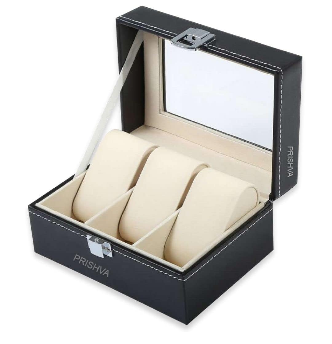 Prishva ® Premium Watch Box Organizer, 3 Slot Watches Storage Box Holder with Transparent Window, PU Leather Lockable Watch Case with Removable Watch Pillow, Watch Case Organiser for Men and Women (B0CBVMFNSN) Amazon Price History, Amazon Price Tracker