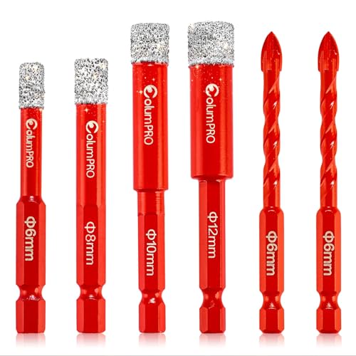 ColumPRO Porcelain Tile Drill Bits Set, 6/8/10/12mm Dry Diamond Drill Bit and 6mm Hex Shank Drill Bit for Granite, Ceramic, Marble Stone