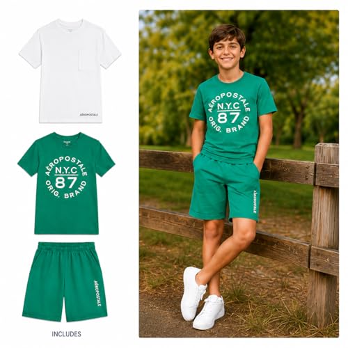 Image of AEROPOSTALE Boys Athletic Shorts Set 3 Piece Graphic T Shirts Fleece Shorts | Soft Breathable Jersey Tees, Elastic Waistband, Side Pockets, Screen-print Design, Durable Stitching for School & Play