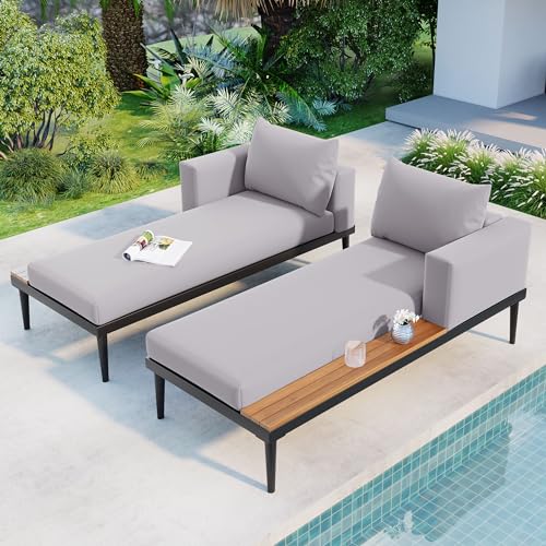 RuiSiSi Outdoor Double Metal Chaise Lounge Chair, with Wood Topped Side for Drinks, 2 in 1 Padded Sun Lounger with Cushions & Pillows, Patio Daybed for Poolside Lawn Garden, Gray