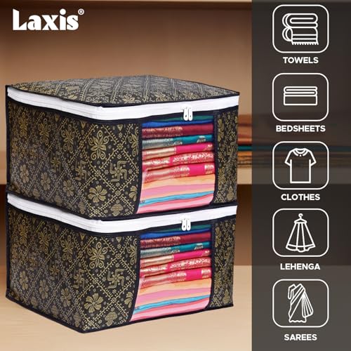 Image of LAXIS Foldable Royal Print Saree Cover Set, Saree Bags, Saree Covers For Storage, Wardrobe Organiser | (Golden-Black, Pack of 3)