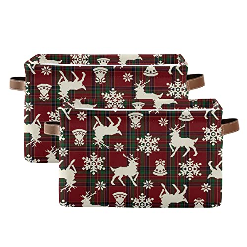 Image of Christmas Bells Reindeer Storage Basket Fabric Laundry Baskets Winter Snowflake Xmas Red Green Buffalo Plaid Storage Boxes Organizer Bag for Cloth Toy Book Storage Cubes Shelf Closet Bins 16x12x8