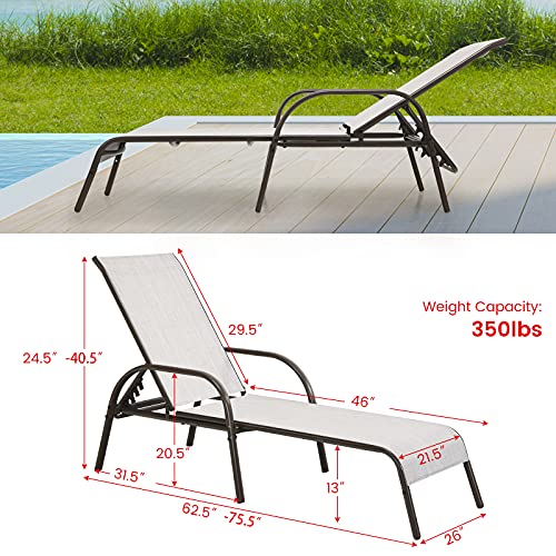 Image of Giantex Set of 2 Patio Lounge Chair, Outdoor Chaise Lounge with 5 Adjustable Backrest, Sturdy Steel Frame, Sunbathing Recliner, Beach Chair, Tanning Chair for Outside, Yard, Balcony, Pool Chairs, Grey