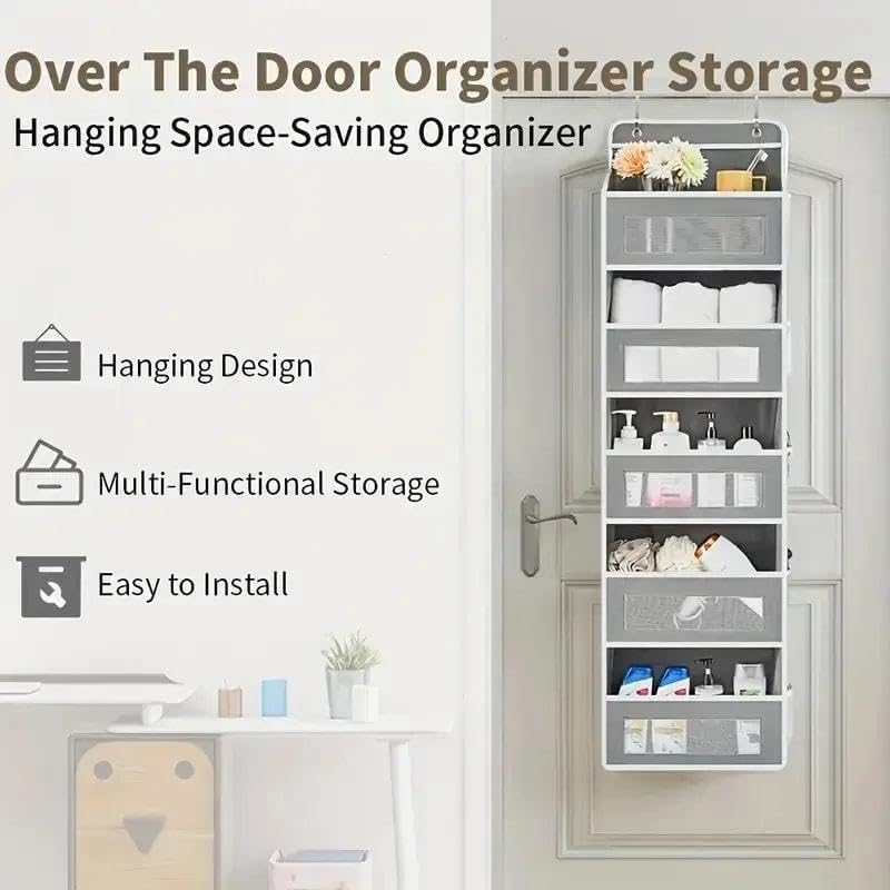 No Drilling, Door Hanging Storage Rack - 5+5 Pockets for Everyday Storage with 5 Large Clear & Mesh Side Pockets for Bedrooms Bathrooms & Food Storage Rooms Installation Hangable 10-15 Kg (Pink)